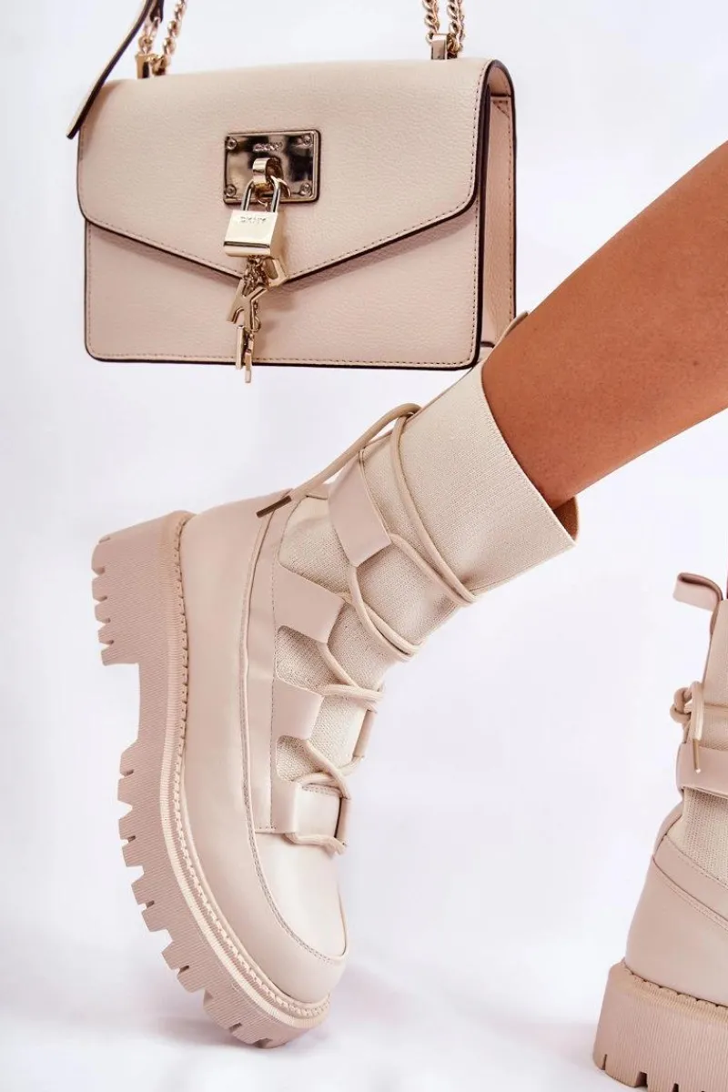 Outlet Damskie Botki Workery Ze Skarpetą Beżowe Fallor Damskie Botki Zimowe Damskie|Brązowe I Beżowe Botki