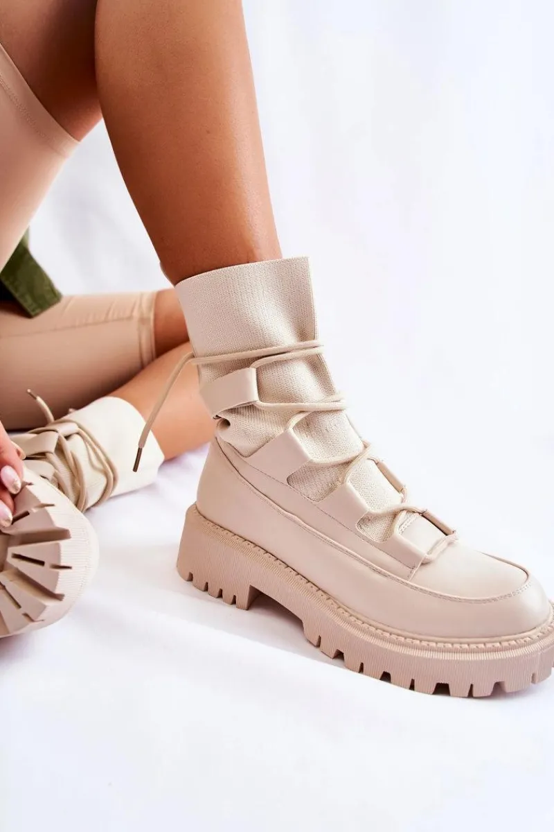 Outlet Damskie Botki Workery Ze Skarpetą Beżowe Fallor Damskie Botki Zimowe Damskie|Brązowe I Beżowe Botki