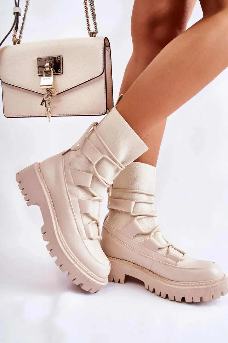 Outlet Damskie Botki Workery Ze Skarpetą Beżowe Fallor Damskie Botki Zimowe Damskie|Brązowe I Beżowe Botki