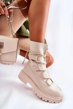 Outlet Damskie Botki Workery Ze Skarpetą Beżowe Fallor Damskie Botki Zimowe Damskie|Brązowe I Beżowe Botki