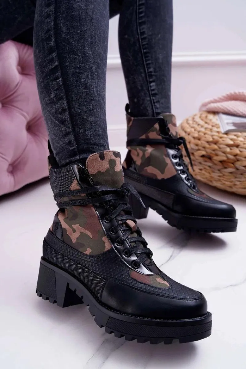 Hot Damskie Botki Wysokie Czarne Moro Trapery Nemtere Damskie Botki Sznurowane|Botki Zimowe Damskie