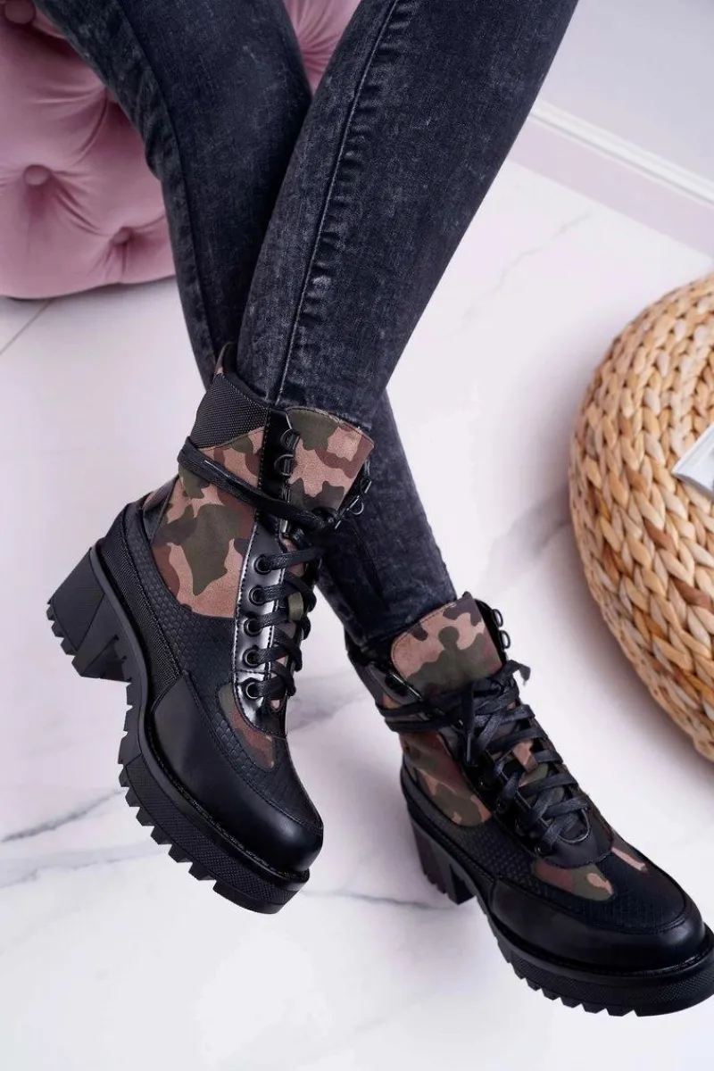 Hot Damskie Botki Wysokie Czarne Moro Trapery Nemtere Damskie Botki Sznurowane|Botki Zimowe Damskie