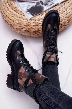 Hot Damskie Botki Wysokie Czarne Moro Trapery Nemtere Damskie Botki Sznurowane|Botki Zimowe Damskie