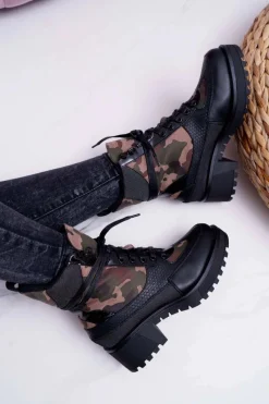 Hot Damskie Botki Wysokie Czarne Moro Trapery Nemtere Damskie Botki Sznurowane|Botki Zimowe Damskie