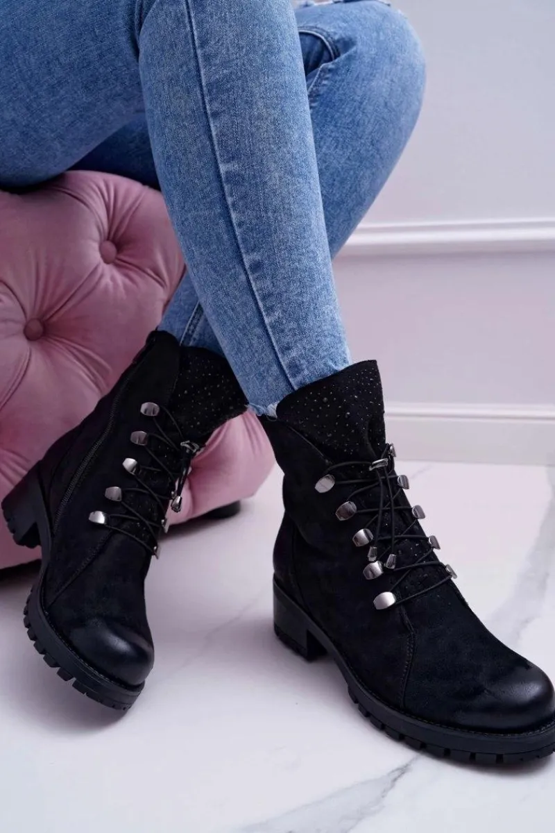 Botki Sznurowane|Botki Zimowe Damskie>Damskie buty S.Barski Damskie Botki Wysokie Czarne Barski 18-52