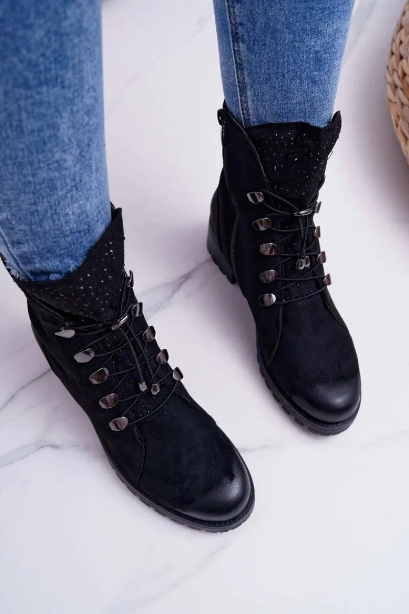 Botki Sznurowane|Botki Zimowe Damskie>Damskie buty S.Barski Damskie Botki Wysokie Czarne Barski 18-52