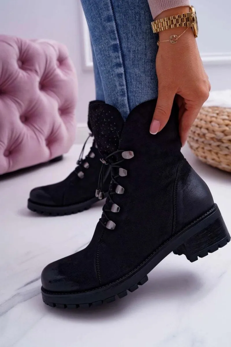 Botki Sznurowane|Botki Zimowe Damskie>Damskie buty S.Barski Damskie Botki Wysokie Czarne Barski 18-52