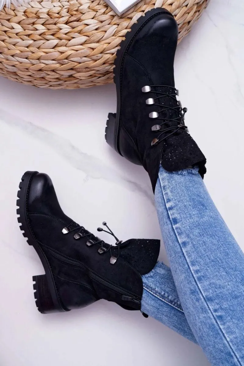 Botki Sznurowane|Botki Zimowe Damskie>Damskie buty S.Barski Damskie Botki Wysokie Czarne Barski 18-52