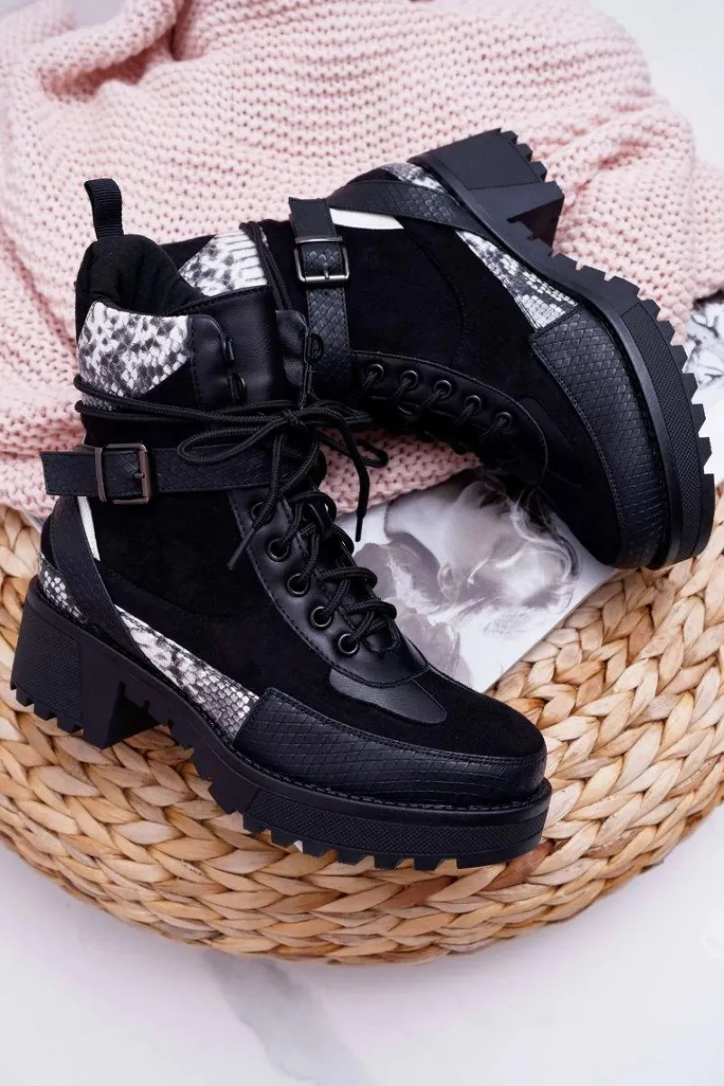 Botki Sznurowane|Botki Zimowe Damskie>Boto Damskie Botki Wysokie Trapery Snake Czarne Nemtere