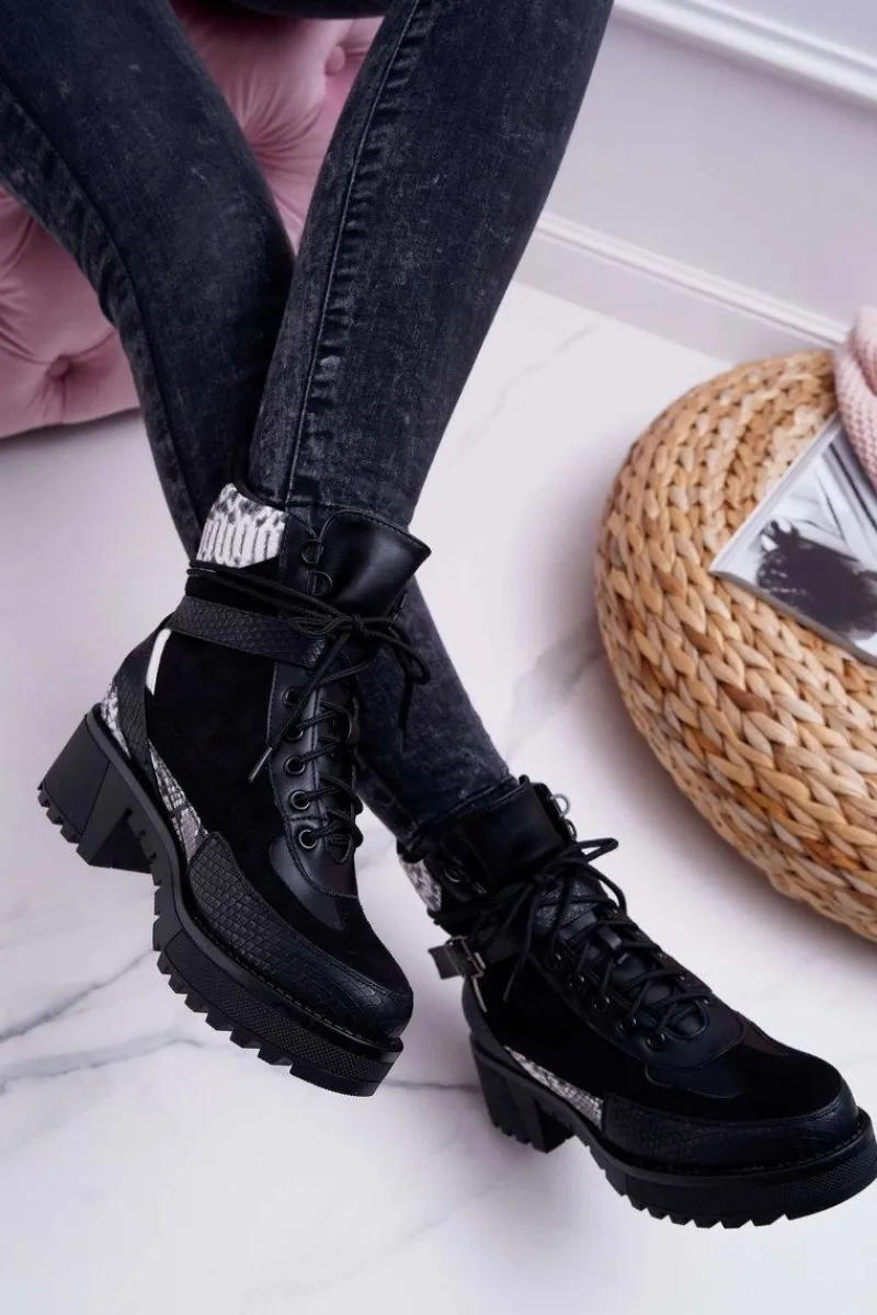 Botki Sznurowane|Botki Zimowe Damskie>Boto Damskie Botki Wysokie Trapery Snake Czarne Nemtere