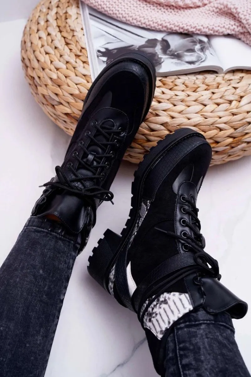 Botki Sznurowane|Botki Zimowe Damskie>Boto Damskie Botki Wysokie Trapery Snake Czarne Nemtere