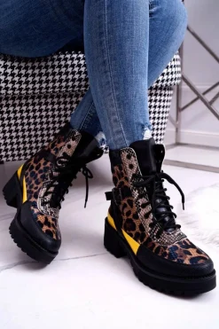 Hot Damskie Botki Wysokie Trapery Leopard Femida Damskie Botki Sznurowane|Botki Zimowe Damskie