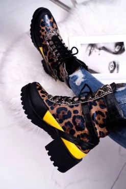 Hot Damskie Botki Wysokie Trapery Leopard Femida Damskie Botki Sznurowane|Botki Zimowe Damskie