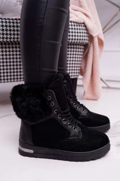 Best Boto Damskie Botki Wysokie z Futerkiem Czarne Glamiso