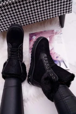 Best Boto Damskie Botki Wysokie z Futerkiem Czarne Glamiso