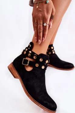 Outlet Damskie Botki Z Dżetami Na Płaskim Obcasie Czarne Larino Damskie Botki Wiosenne|Czarne Botki