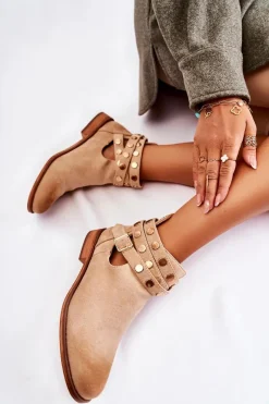 Online Boto Damskie Botki Z Dżetami Na Płaskim Obcasie Beżowe Larino