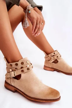 Online Boto Damskie Botki Z Dżetami Na Płaskim Obcasie Beżowe Larino