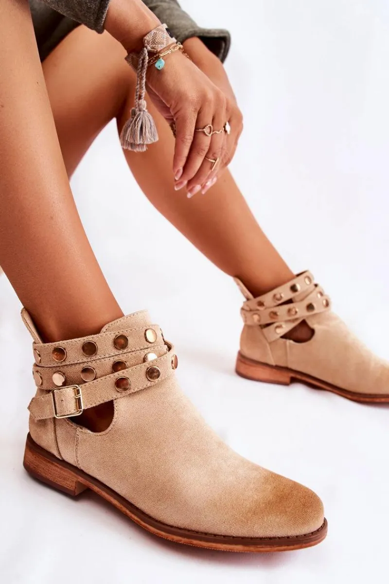 Online Boto Damskie Botki Z Dżetami Na Płaskim Obcasie Beżowe Larino