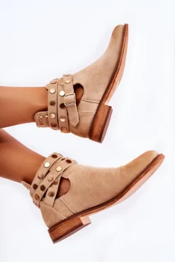 Online Boto Damskie Botki Z Dżetami Na Płaskim Obcasie Beżowe Larino