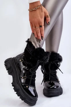 Damskie Trapery|Botki Sznurowane></noscript>Boto Damskie Botki Z Futerkiem Sznurowane Czarne Merron