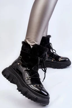 Damskie Trapery|Botki Sznurowane></noscript>Boto Damskie Botki Z Futerkiem Sznurowane Czarne Merron