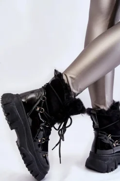 Damskie Trapery|Botki Sznurowane></noscript>Boto Damskie Botki Z Futerkiem Sznurowane Czarne Merron