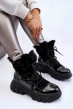 Damskie Trapery|Botki Sznurowane></noscript>Boto Damskie Botki Z Futerkiem Sznurowane Czarne Merron