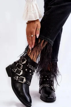 Boto Damskie Botki Z Paskami I Ćwiekami Czarne Ramso