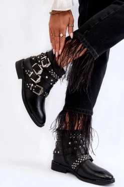 Boto Damskie Botki Z Paskami I Ćwiekami Czarne Ramso