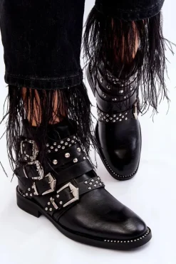 Boto Damskie Botki Z Paskami I Ćwiekami Czarne Ramso