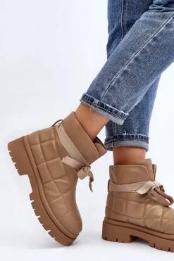 Damskie Botki Z Pikowaniem I Wiązaniem Khaki Bizzanti Damskie Botki Ocieplane|Brązowe I Beżowe Botki