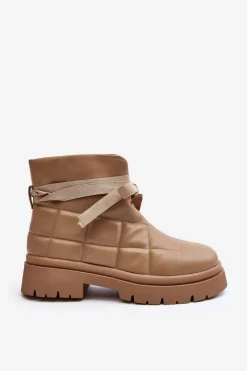 Damskie Botki Z Pikowaniem I Wiązaniem Khaki Bizzanti Damskie Botki Ocieplane|Brązowe I Beżowe Botki