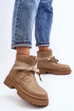 Damskie Botki Z Pikowaniem I Wiązaniem Khaki Bizzanti Damskie Botki Ocieplane|Brązowe I Beżowe Botki