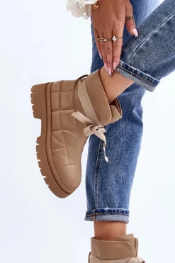 Damskie Botki Z Pikowaniem I Wiązaniem Khaki Bizzanti Damskie Botki Ocieplane|Brązowe I Beżowe Botki