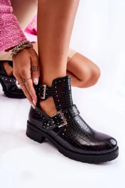 New Damskie Botki Z Wycięciami Wężowe Czarne Santhana Damskie Czarne Botki|Botki Płaskie