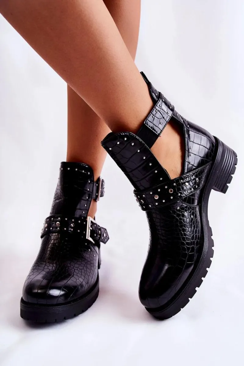 New Damskie Botki Z Wycięciami Wężowe Czarne Santhana Damskie Czarne Botki|Botki Płaskie