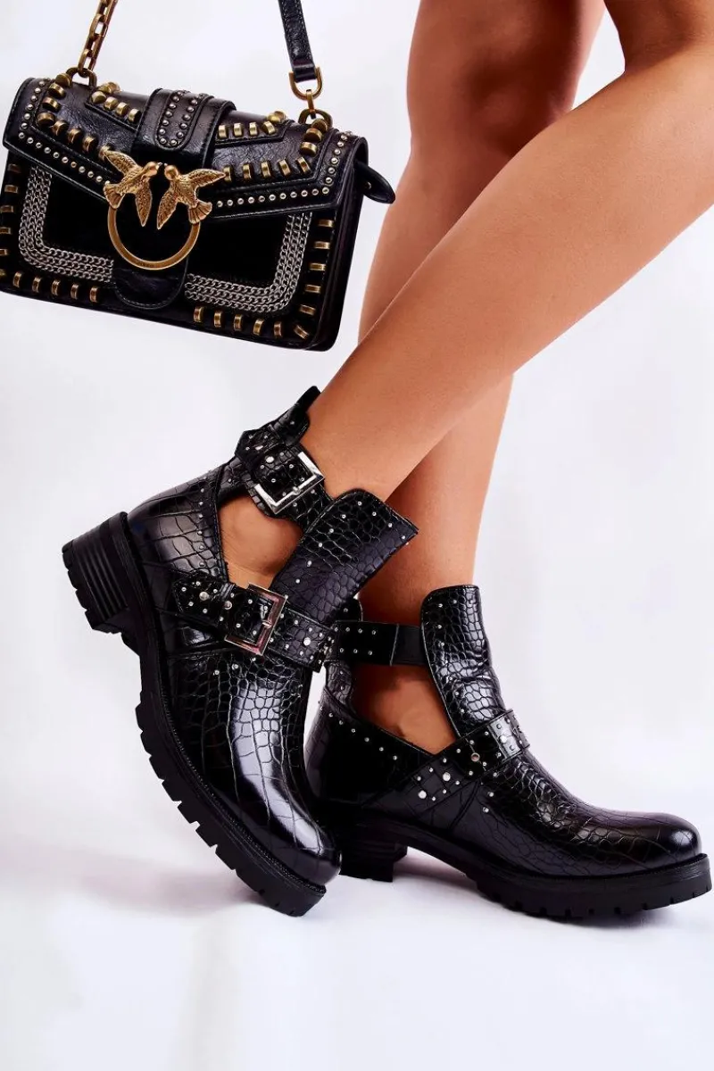 New Damskie Botki Z Wycięciami Wężowe Czarne Santhana Damskie Czarne Botki|Botki Płaskie