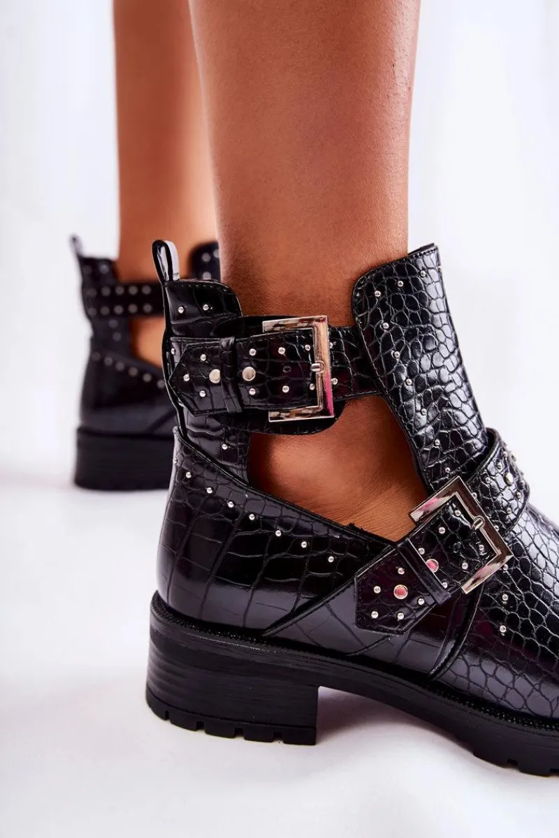 New Damskie Botki Z Wycięciami Wężowe Czarne Santhana Damskie Czarne Botki|Botki Płaskie