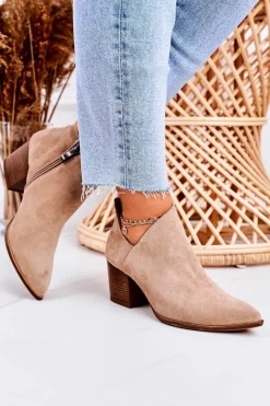 Damskie Botki Z Wycięciem Na Słupku Zamszowe Beżowe Lawrence Damskie Botki Wiosenne|Botki Na Słupku