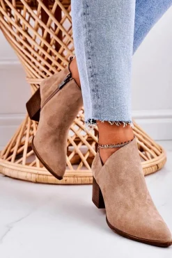 Damskie Botki Z Wycięciem Na Słupku Zamszowe Beżowe Lawrence Damskie Botki Wiosenne|Botki Na Słupku