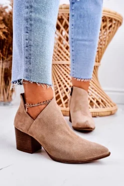 Damskie Botki Z Wycięciem Na Słupku Zamszowe Beżowe Lawrence Damskie Botki Wiosenne|Botki Na Słupku