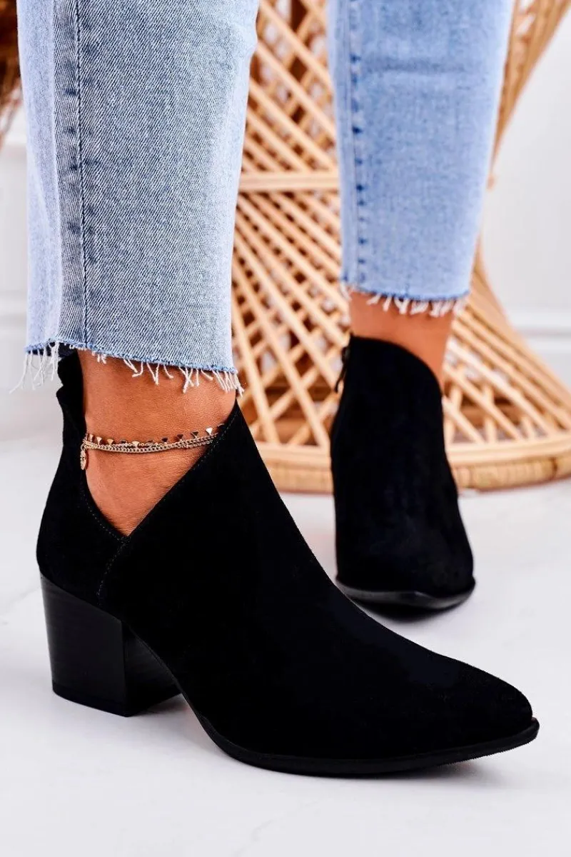 Discount Damskie Botki Z Wycięciem Na Słupku Zamszowe Czarne Lawrence Damskie Botki Wiosenne|Botki Na Słupku