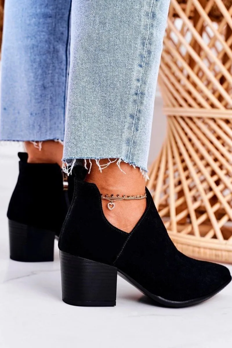 Discount Damskie Botki Z Wycięciem Na Słupku Zamszowe Czarne Lawrence Damskie Botki Wiosenne|Botki Na Słupku