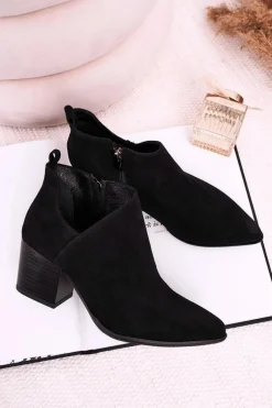 Discount Damskie Botki Z Wycięciem Na Słupku Zamszowe Czarne Lawrence Damskie Botki Wiosenne|Botki Na Słupku