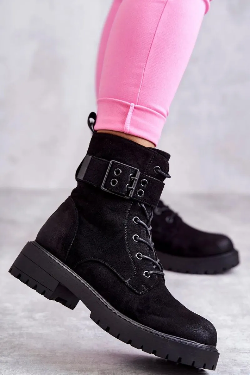 Best Boto Damskie Botki Zamszowe Sznurowane Na Płaskim Obcasie Czarne Firmina