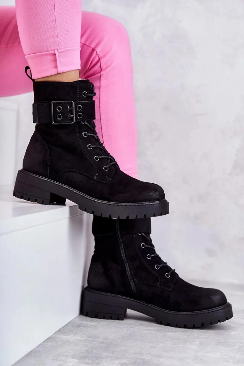 Best Boto Damskie Botki Zamszowe Sznurowane Na Płaskim Obcasie Czarne Firmina