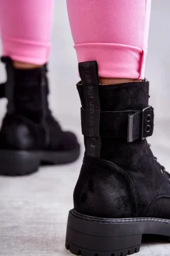 Best Boto Damskie Botki Zamszowe Sznurowane Na Płaskim Obcasie Czarne Firmina