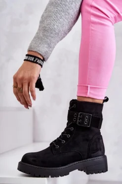 Best Boto Damskie Botki Zamszowe Sznurowane Na Płaskim Obcasie Czarne Firmina