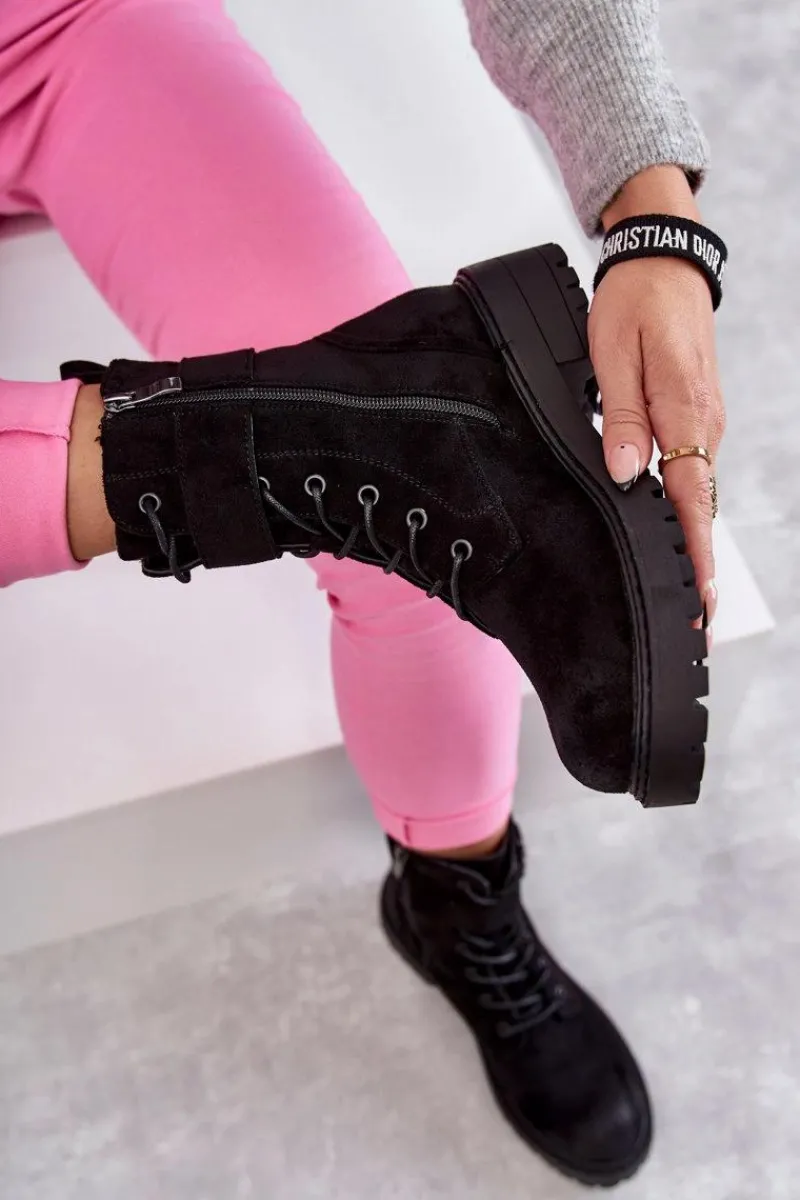 Best Boto Damskie Botki Zamszowe Sznurowane Na Płaskim Obcasie Czarne Firmina